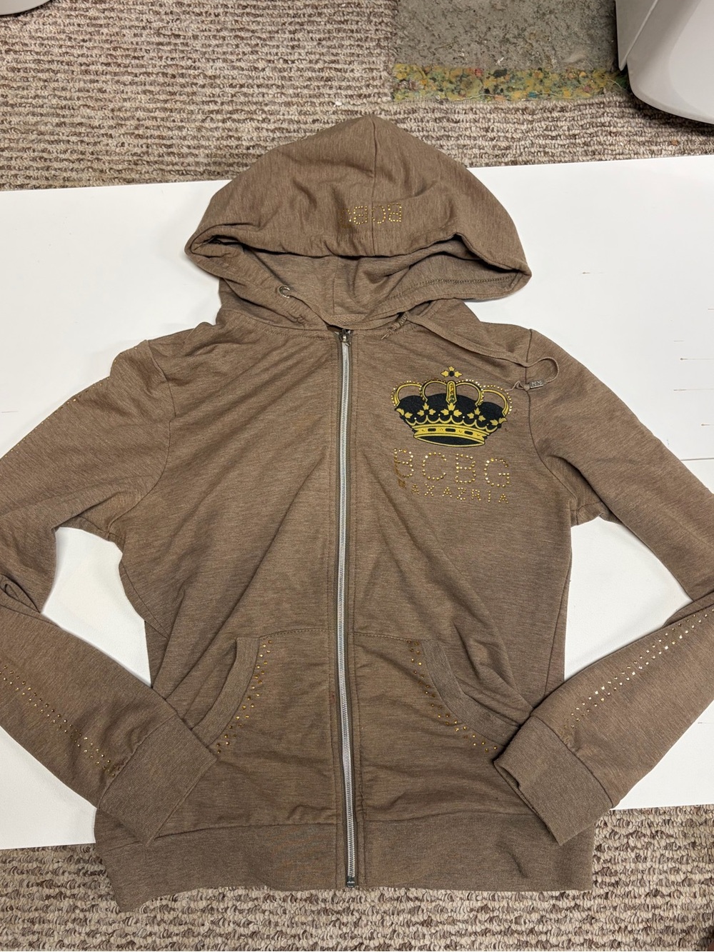 BCBGMaxAzria Brown Zip-Up Hoodie with Gold Crown Detail